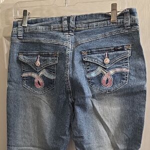 Angels Blue Denim Hipster Capri Jeans with Pink Embroidered Back Pockets